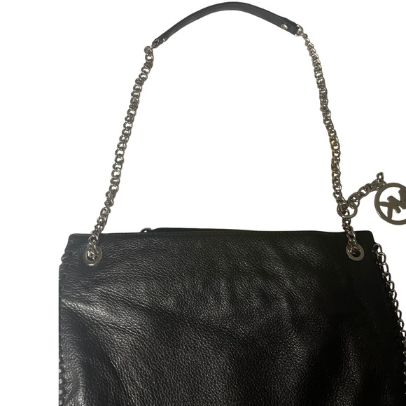 Michael Kors Chelsea Black Pebbled Leather Handbag Silver chain link trim/strap